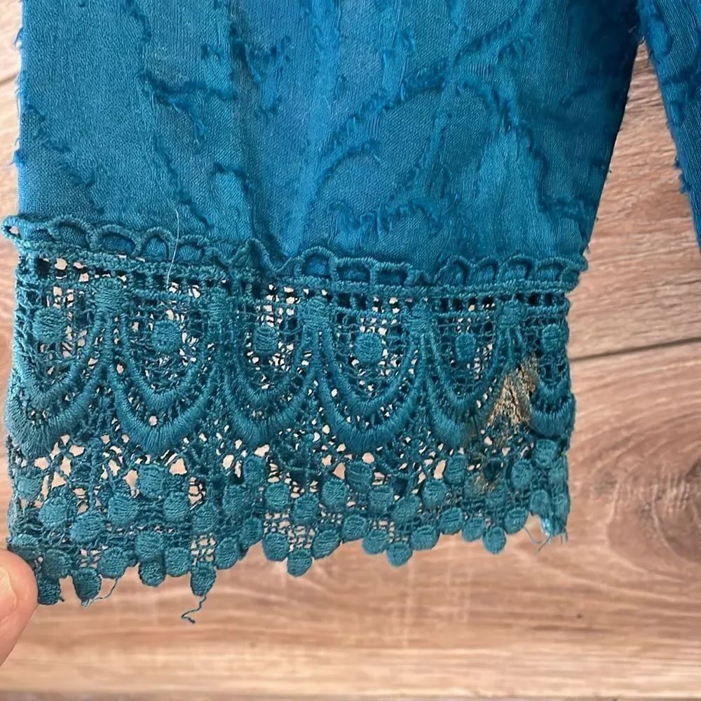 KRAZY KAT Womens Peasant Style Crocheted Lace Cotton Blouse Size Large Teal Blue - Picture 6 of 9